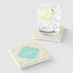 Dessous-de-verre En Pierre Beige, Avec Marocain #5 Turquoise 3 Monogramme Ini