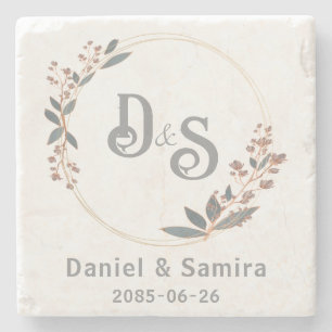 Dessous-de-verre En Pierre Beige et Bleu Floral Nom Personnalisé Élégant