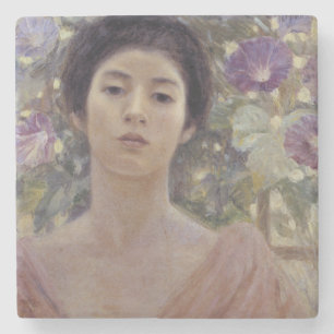 Dessous-de-verre En Pierre Belle Asiatique femme avec des fleurs de gloire du