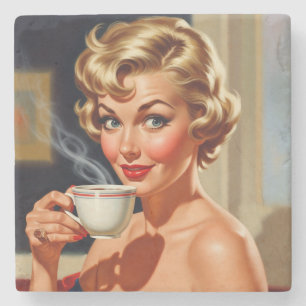 Dessous-de-verre En Pierre Belle femme rétro avec une tasse de café