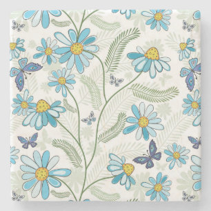 Dessous-de-verre En Pierre Belle main dessinée Pastel Blue Floral Pattern