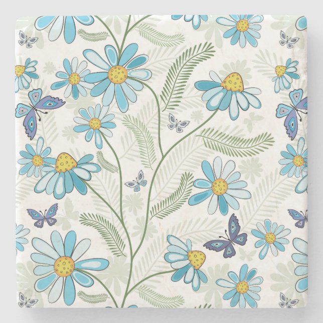 Dessous-de-verre En Pierre Belle main dessinée Pastel Blue Floral Pattern (Devant)