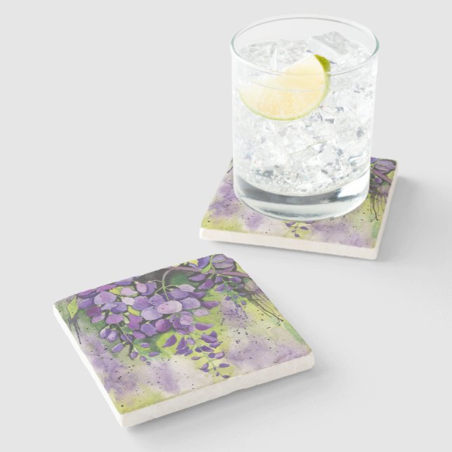 Dessous-de-verre En Pierre Belles Fleurs De Wisteria En Aquarelle (Côté)