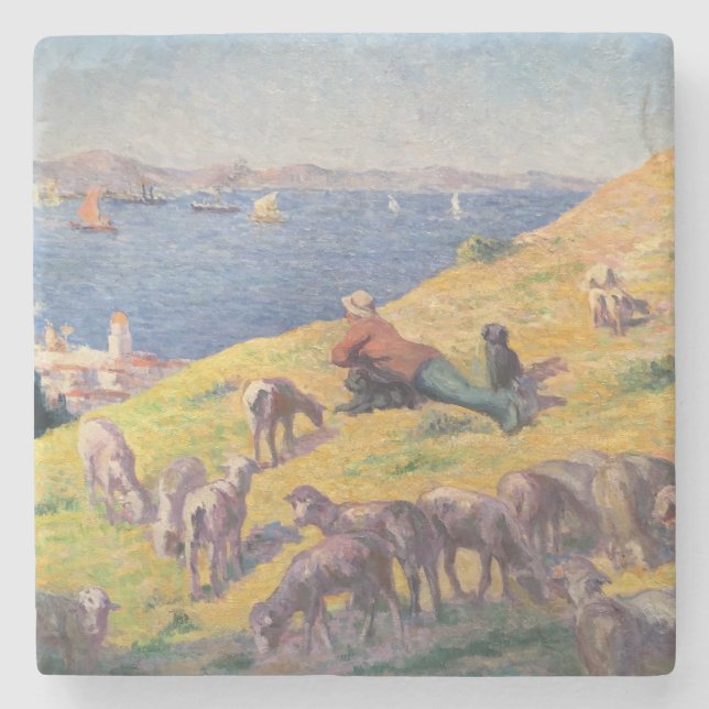 Dessous-de-verre En Pierre Berger avec ses chiens moutons regardant la mer (Devant)