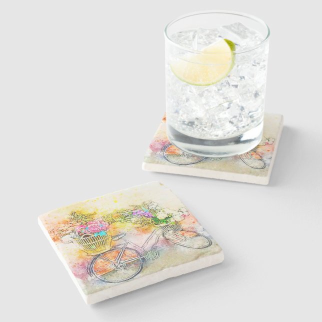 Dessous-de-verre En Pierre Bicyclette et fleurs (Côté)