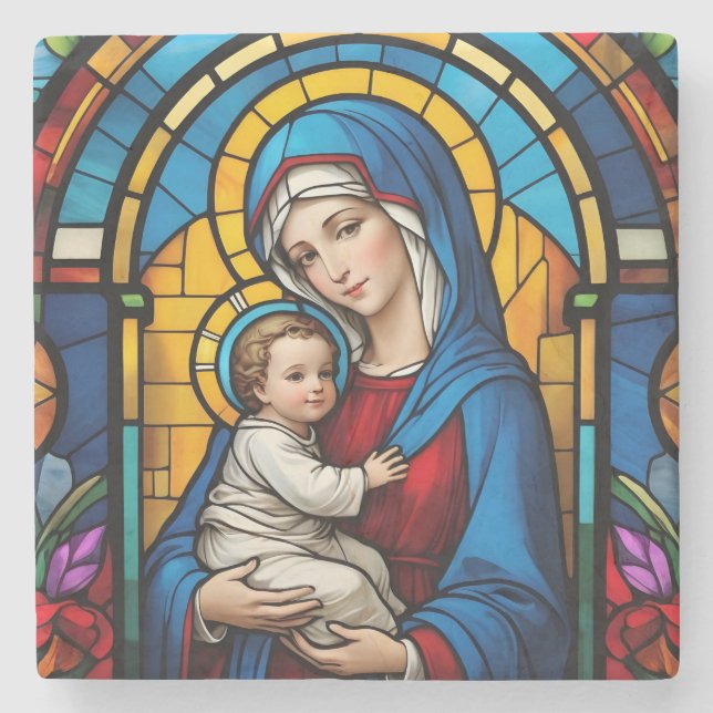 Dessous-de-verre En Pierre Bienheureuse Mère Marie et Bébé Jésus - Vierge Mar (Devant)