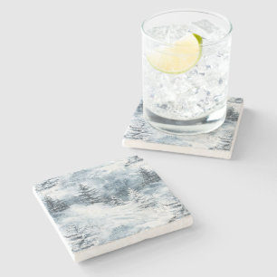 Dessous-de-verre En Pierre Blanc Bleu Arbres de Noël Neige d'hiver