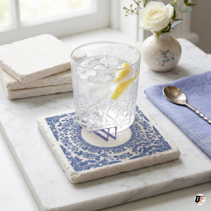 Dessous-de-verre En Pierre Blanc et Bleu Chinoiserie Floral Monogramme