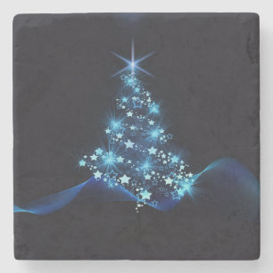 Dessous-de-verre En Pierre Bleu brillant des étoiles sur l'arbre de Noël fonc