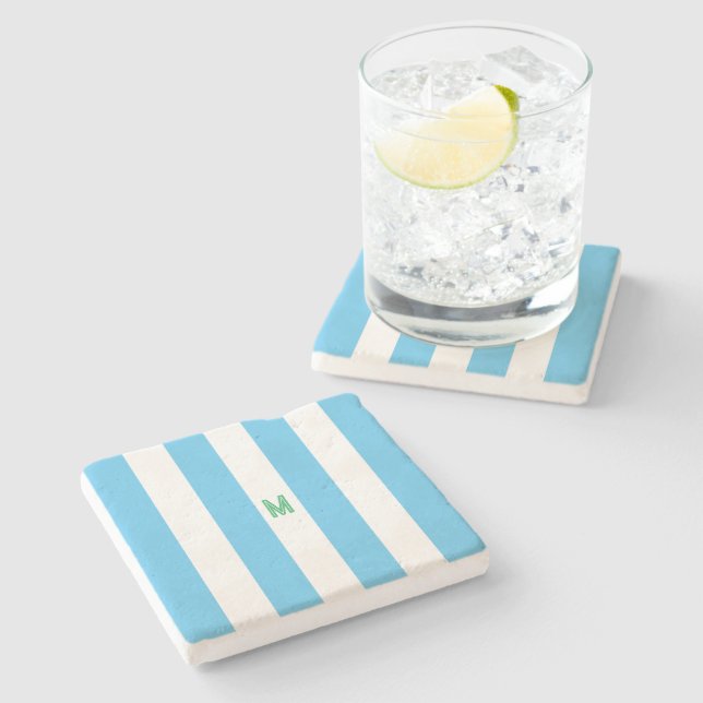 Dessous-de-verre En Pierre Bleu Cabana Stripe & Monogramme vert personnalisé (Côté)
