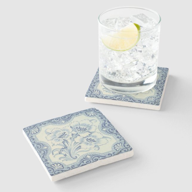 Dessous-de-verre En Pierre Bleu et blanc Floral Victorian Majolica Antique (Côté)