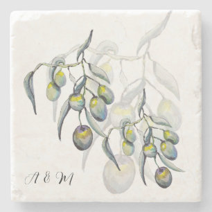 Dessous-de-verre En Pierre Bleu Pastel Gris Branche d'Olivier Aquarelle