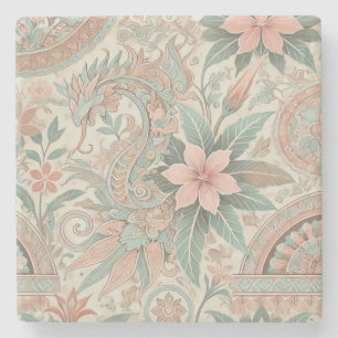 Dessous-de-verre En Pierre Bleu rose Floral Boho Indonésien Batik Aquarelle