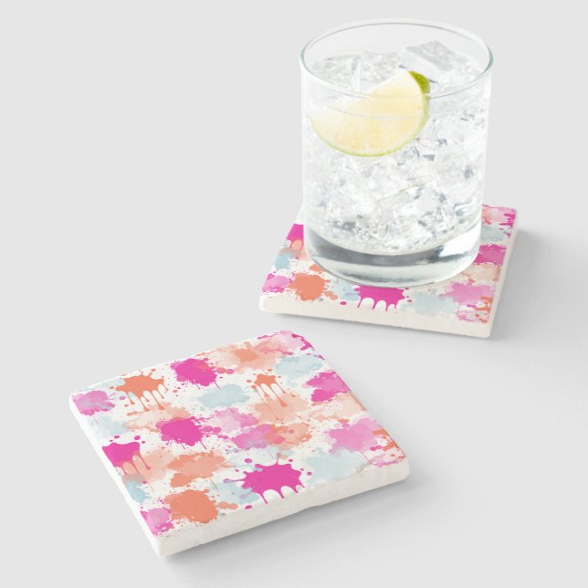 Dessous-de-verre En Pierre Bleu rose orange Abstrait Peinture (Côté)