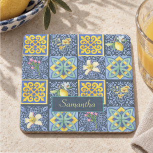 Dessous-de-verre En Pierre Bleu sarcelle chic Méditerranéen Citron sicilien
