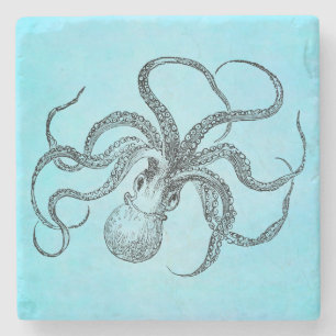 Dessous-de-verre En Pierre Bleu turquoise d'aquarelle de poulpe vintage de