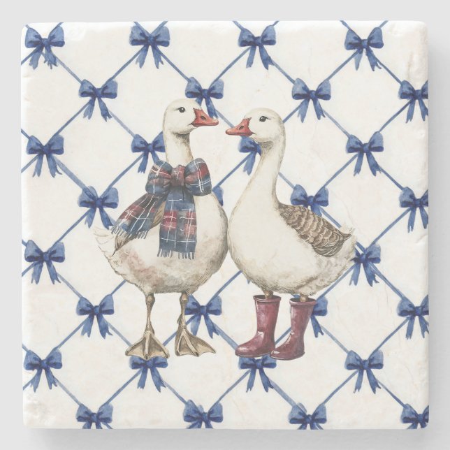 Dessous-de-verre En Pierre Blue White Bows Geese Christmas (Devant)