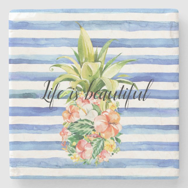 Dessous-de-verre En Pierre Blue White Stripes Tropical Floral Pineapple (Devant)