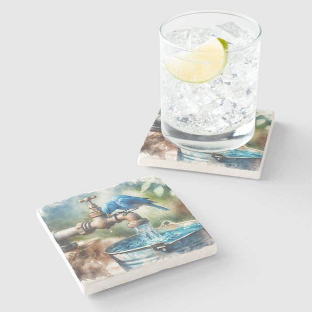 Dessous-de-verre En Pierre Bluebird sur un vieux Faucet (Côté)