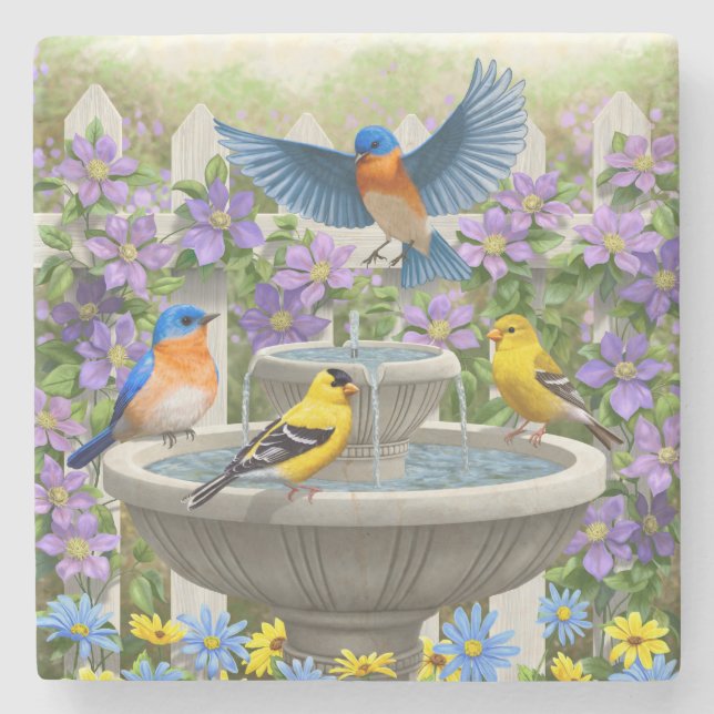 Dessous-de-verre En Pierre Bluebirds Goldfinches et fontaine Birdbath (Devant)