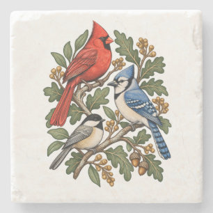 Dessous-de-verre En Pierre Bois de chêne avec trois oiseaux de jardin