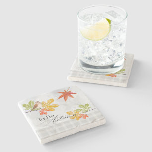 Dessous-de-verre En Pierre Bonjour automne avec les feuilles d'oiseaux et d'a