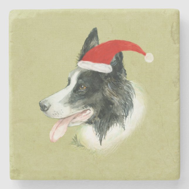 Dessous-de-verre En Pierre Bordure Collie Chien de Noël Santa Hat (Devant)