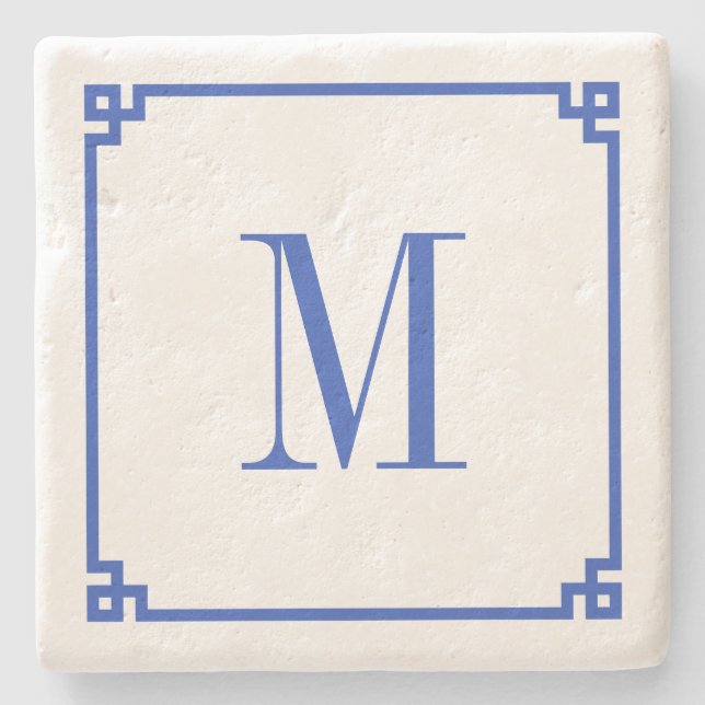 Dessous-de-verre En Pierre Bordure de clé grecque bleue céruléenne Monogramme (Devant)