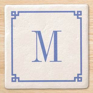 Dessous-de-verre En Pierre Bordure de clé grecque bleue céruléenne Monogramme