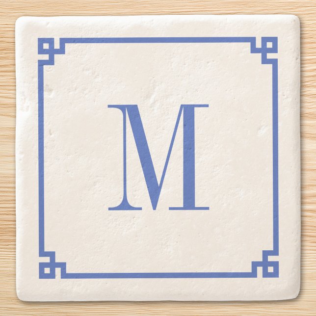 Dessous-de-verre En Pierre Bordure de clé grecque bleue céruléenne Monogramme (Cerulean Blue Greek Key Border Monogram Stone Coaster)