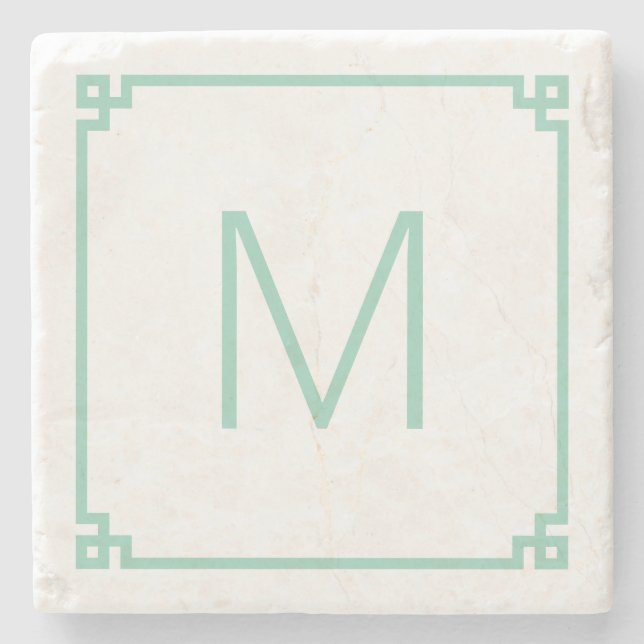 Dessous-de-verre En Pierre Bordure de clé grecque sarcelle claire Monogramme (Devant)