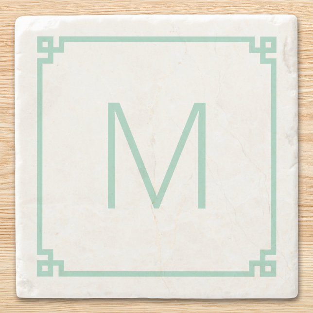 Dessous-de-verre En Pierre Bordure de clé grecque sarcelle claire Monogramme (Light Teal Greek Key Border Monogram Stone Coaster)