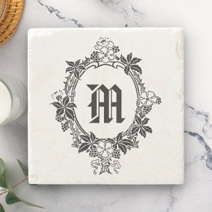Dessous-de-verre En Pierre Bordure florale noire et blanche avec monogramme