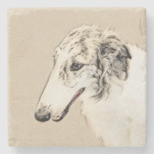 Dessous-de-verre En Pierre Borzoi (Argent Brindle) Peinture Chien Art origina