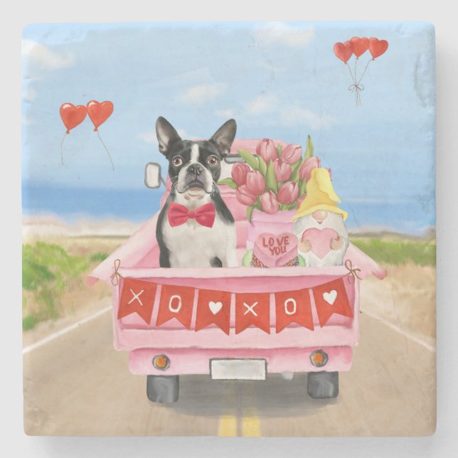Dessous-de-verre En Pierre Boston Terrier Chien Valentine's Day Truck Hearts (Devant)