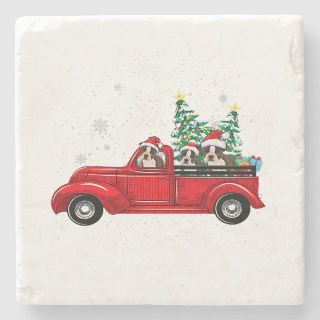 Dessous-de-verre En Pierre Boston Terrier Dog Driving Xmas Truck Christmas (Devant)