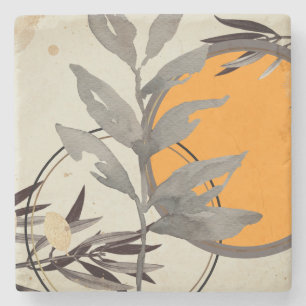 Dessous-de-verre En Pierre Botanique Aquarelle Artistique   Orange et Gris