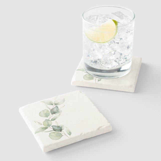 Dessous-de-verre En Pierre Botanique aquarelle de feuillage d'eucalyptus (Côté)