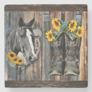 Dessous-de-verre En Pierre Bottes de cowboy Rustique Western Horse Tournesols
