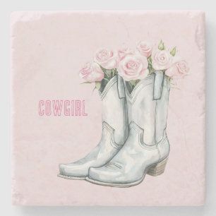 Dessous-de-verre En Pierre Bottes de cowgirl argentées à roses roses jolies