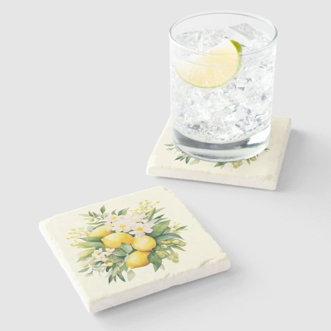 Dessous-de-verre En Pierre Bouquet de citron avec fleurs blanches (Côté)