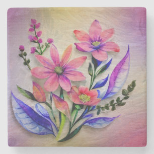 Dessous-de-verre En Pierre Bouquet de fleurs à l'aquarelle, fond coloré