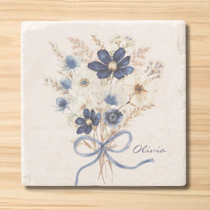 Dessous-de-verre En Pierre Bouquet de fleurs bleu marine aquarelle personnali