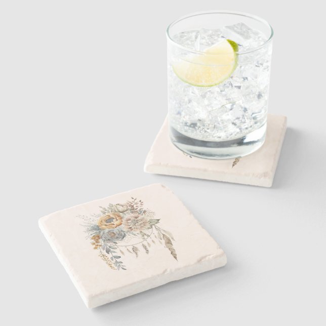 Dessous-de-verre En Pierre Bouquet de fleurs Boho et Dreamcatcher (Côté)