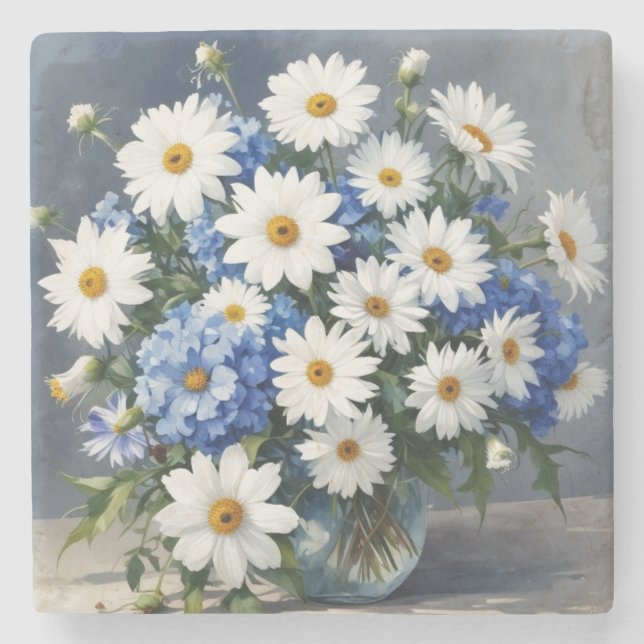 Dessous-de-verre En Pierre Bouquet de fleurs Élégantes marguerites Aquarelle (Devant)