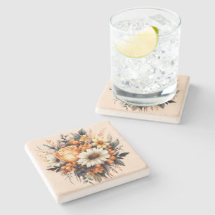 Dessous-de-verre En Pierre Bouquet de fleurs gris-jaune orange