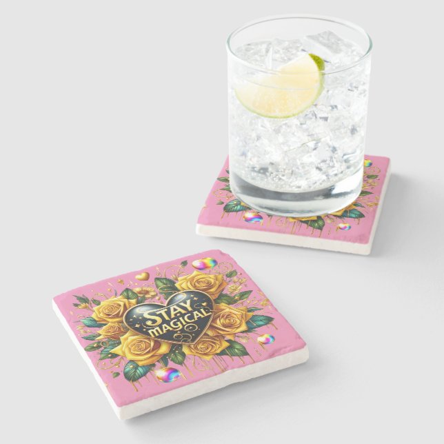 Dessous-de-verre En Pierre Bouquet enchanteur de Roses d'or et de coeur (Côté)