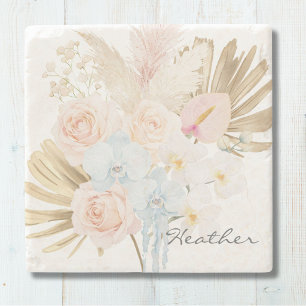 Dessous-de-verre En Pierre Bouquet Floral Tropical Fleur Élégant avec Monogra
