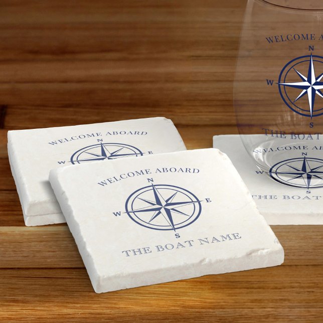 Dessous-de-verre En Pierre Boussole marine Rose Marine Nom du bateau bleu (Créateur téléchargé)