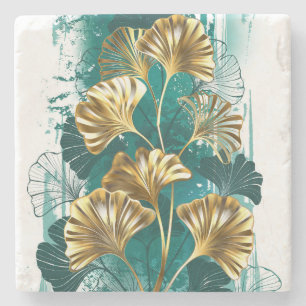 Dessous-de-verre En Pierre Branche avec Feuilles d'or Ginko Biloba